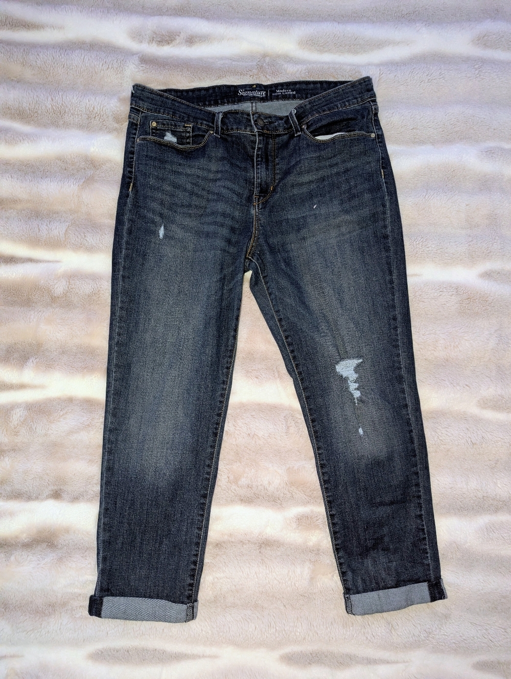 Levi Strauss Signature Modern Slim Cuffed Jeans Size 16/W33 Dark Wash Distressed